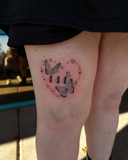 Small Fine Line 444 Heart Butterflies on Women Thigh Tattoo by @kennastattys