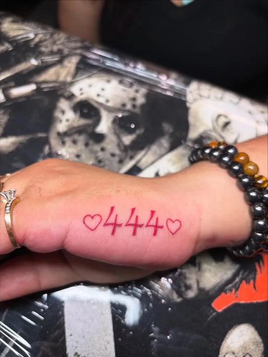 Small Fine Line 444 Heart on Women Hand Tattoo by @tats.by.vaehh