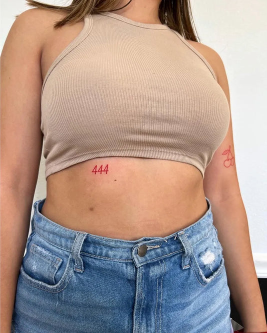 Small Fine Line 444 Number Tattoo on Women Stomach by @philiesink