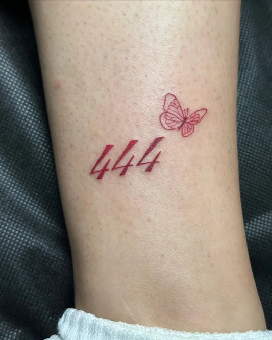 Small Fine Line 444 and Butterfly on Women Leg Tattoo by @tattoosean626
