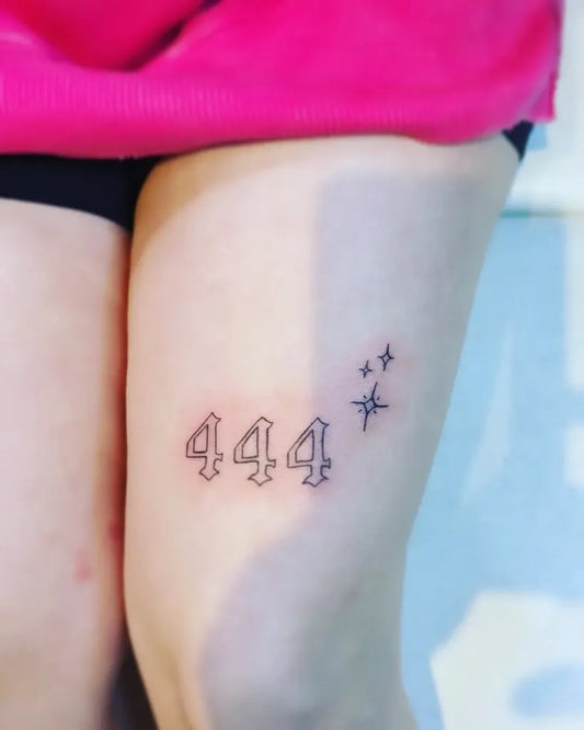 Small Fine Line 444 and Stars on Women Thigh Tattoo by @candiceperryart