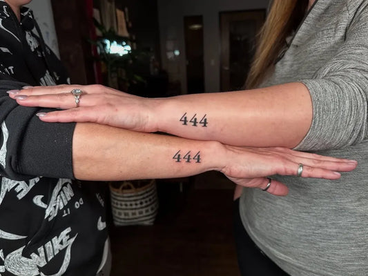 Small Fine Line 444 on Women Forearm Tattoo by @monstar.inks
