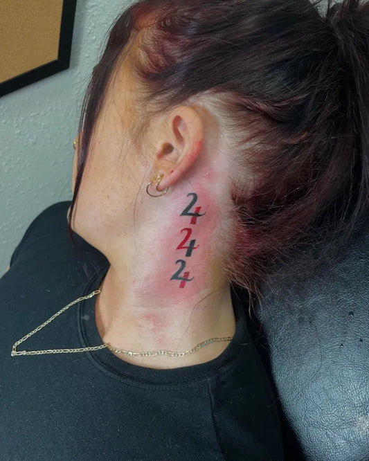 Small Fine Line 444 on Women Neck Tattoo by @6kittyinks6