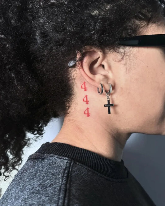 Small Fine Line 444 on Women Neck Tattoo by @belindatattoo_