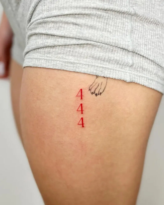 Small Fine Line 444 paw on Women thigh Tattoo by @janice.tats