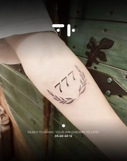 Small Fine Line 777 Laurel Tattoo on Women Forearm by @toniharb.lb