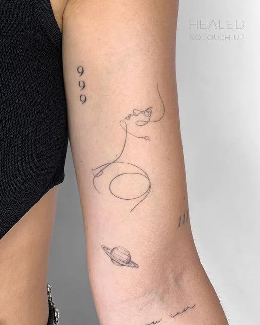 Small Fine Line 999 Minimalist Tattoo on Women Arm by @finelinetattoosbali