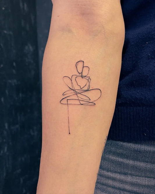 Small Fine Line Abstract Family Figure on Women Arm Tattoo by @theia.tatts