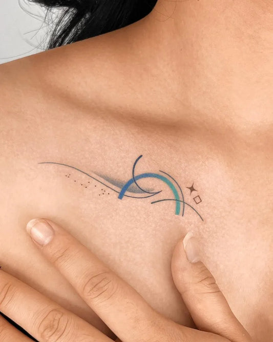 Small Fine Line Abstract Waves Tattoo on Women Collarbone by @tattooist_basil