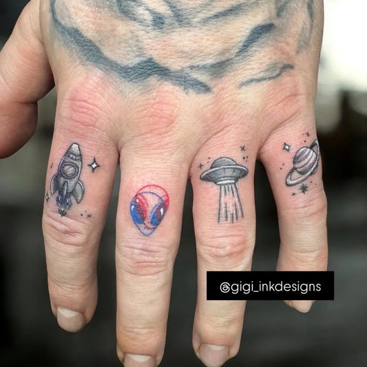 Small Fine Line Alien Rocket UFO Fingers Tattoo on Women Hand by @gigi_inkdesigns