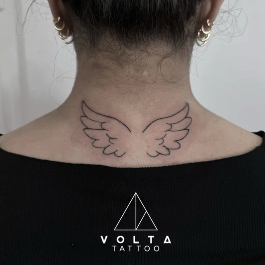 Small Fine Line Angel Wings Tattoo on Women Neck by @voltatattoo