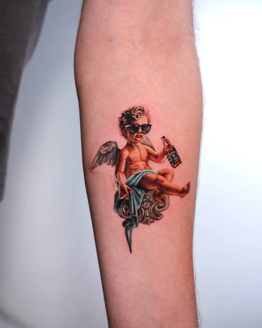 Small Fine Line Angel with Sunglasses and Bottle on Men Arm Tattoo by @yarsugenc.tattoo