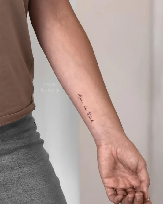 Small Fine Line Arabic Script Quote Tattoo on Women Arm by @mariloillustration