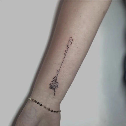 Small Fine Line Arrow Rose Heart on Women Forearm Tattoo by @evolve_tattoocanggu