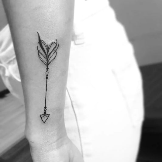 Small Fine Line Arrow Tattoo on Women Wrist by @kelvin_joet