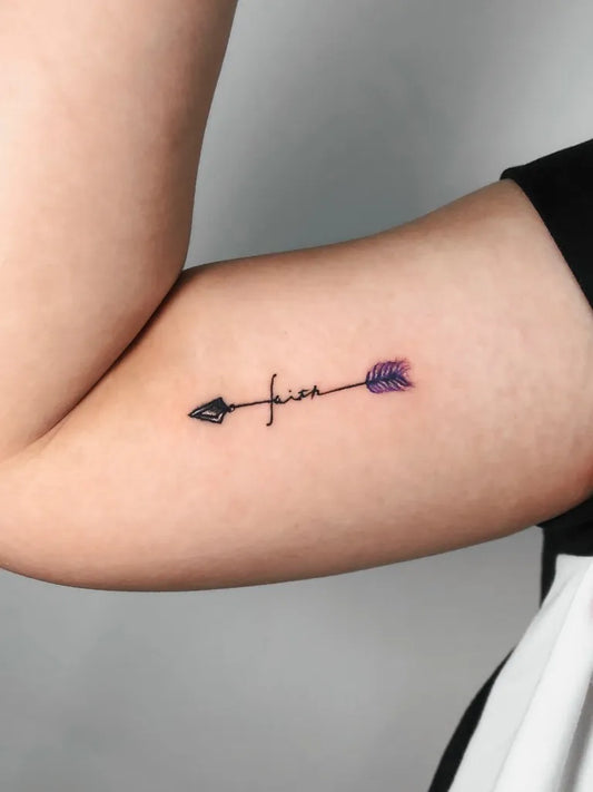 Small Fine Line Arrow and Word Tattoo on Women Arm by @lano.ink