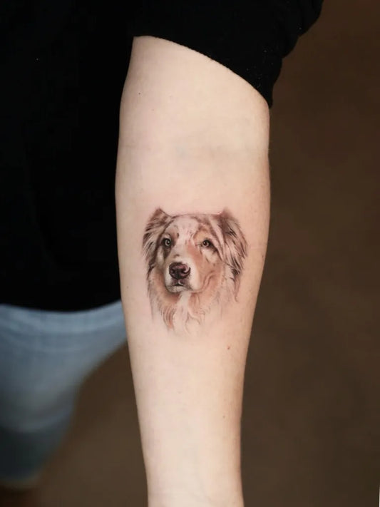 Small Fine Line Australian Shepherd Dog Tattoo on Women Arm by @ben_tats