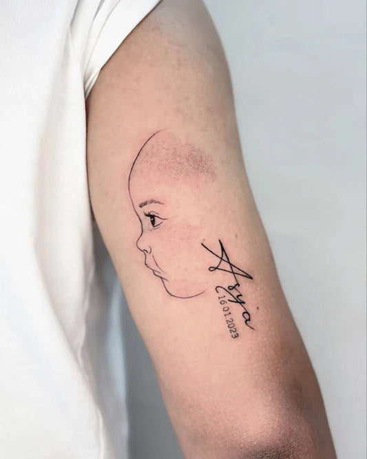 Small Fine Line Baby Portrait and Name Family Tattoo on Men Arm by @luna.tattooart_