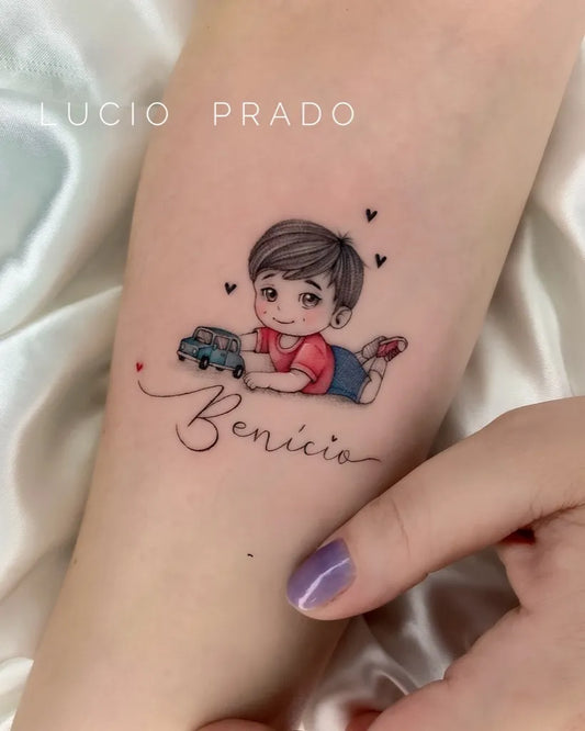 Small Fine Line Baby with Car Family Tattoo on Women Arm by @lucioprado.tattoo