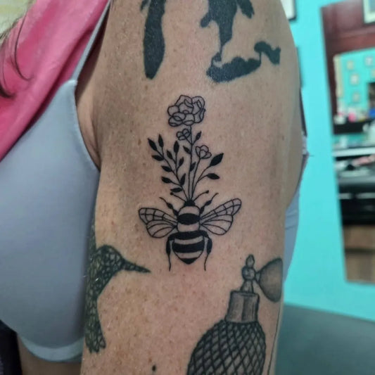 Small Fine Line Bee Flower Perfume Bottle on Women Arm Tattoo by @_jose_g_p_