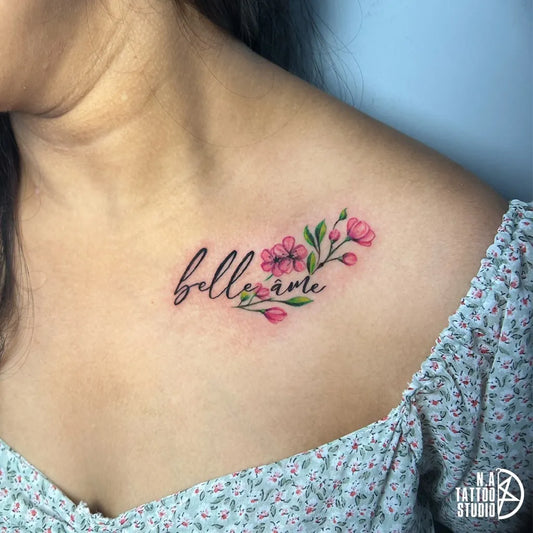 Small Fine Line Bellefamme Flowers Tattoo on Women Collarbone by @natattoostudiojaipur