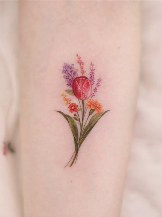 Small Fine Line Bouquet with Tulip Tattoo on Women Forearm by @tattooist.haneul