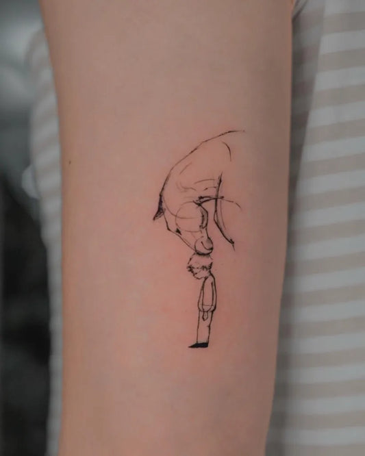 Small Fine Line Boy and Horse on Women Arm Tattoo by @rui.tat