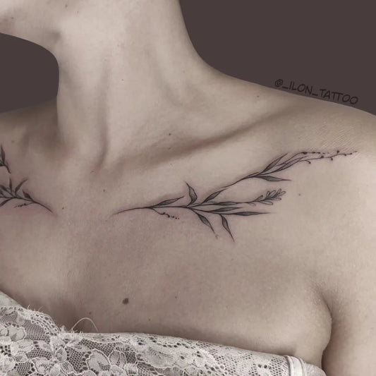Small Fine Line Branch Flowers Tattoo on Women Collarbone by @_ilon_tattoo