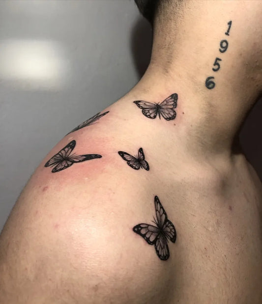 Small Fine Line Butterflies and Numbers on Men Shoulder Tattoo by @savashi222