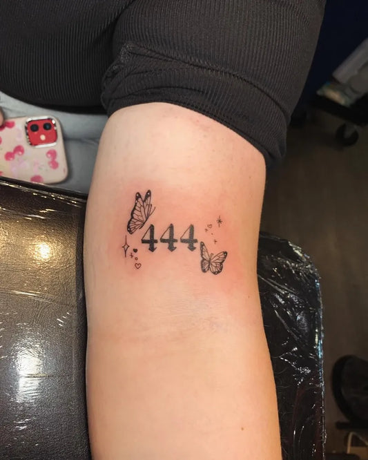 Small Fine Line Butterfly 444 Women Arm Tattoo by @tats.by.vaehh