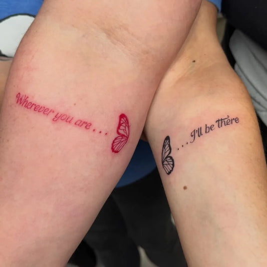 Small Fine Line Butterfly Text Family Tattoo on Women Forearm by @loaftatts