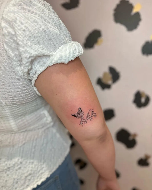 Small Fine Line Butterfly and 444 on Women Arm Tattoo by @baby_ink_