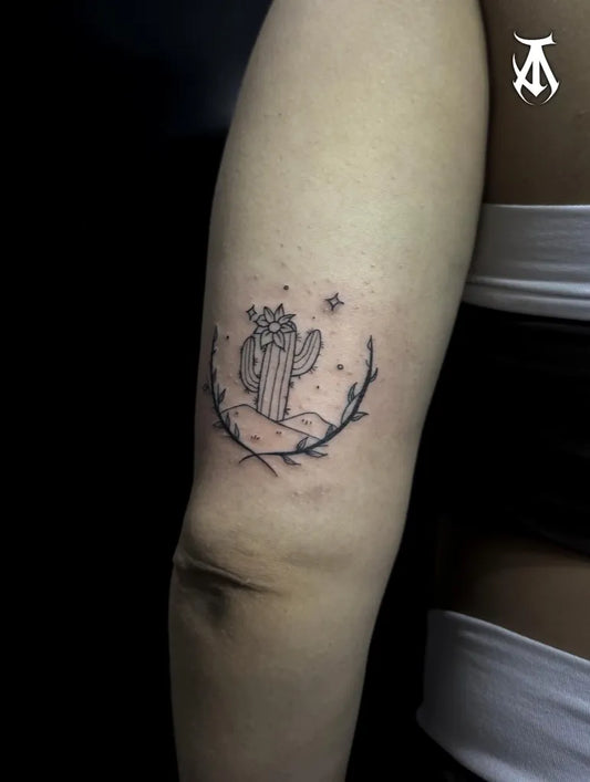 Small Fine Line Cactus and Flowers Tattoo on Women Arm by @andjo.tattoostudio