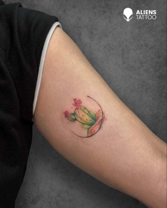 Small Fine Line Cactus and Flowers Tattoo on Women Arm by @piyush1202