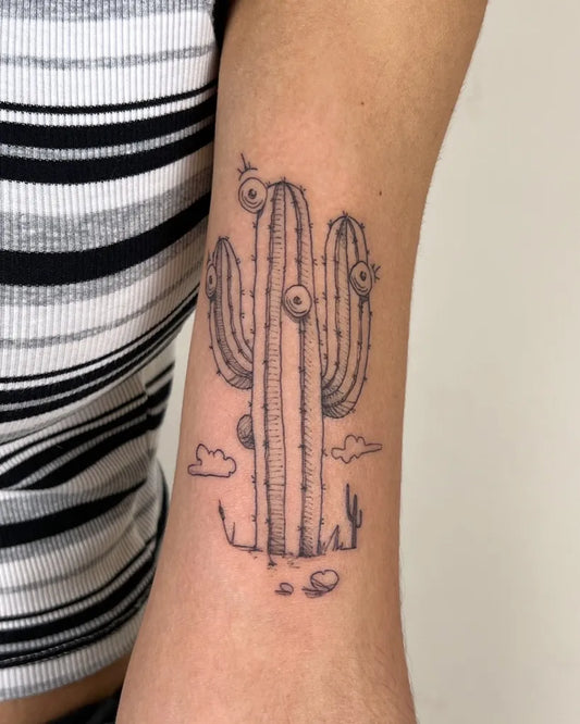 Small Fine Line Cactus and Flowers Tattoo on Women Arm by @tezerd_