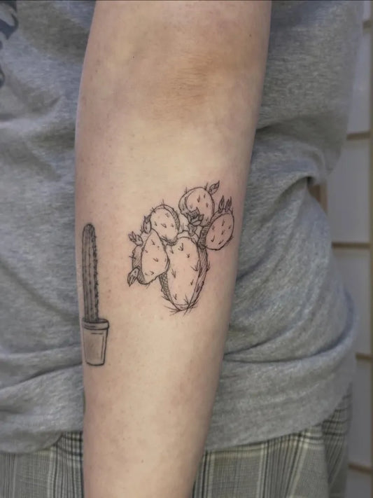Small Fine Line Cactus in Pot Tattoo on Women Arm by @nythera.ink