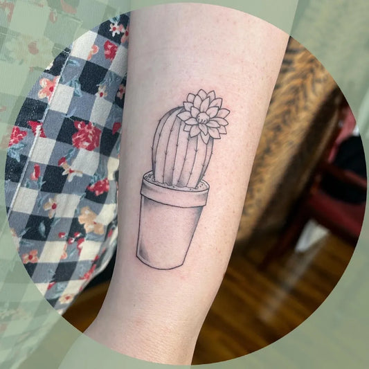 Small Fine Line Cactus in Pot Tattoo on Women Arm by @tattoo.nicoleburman