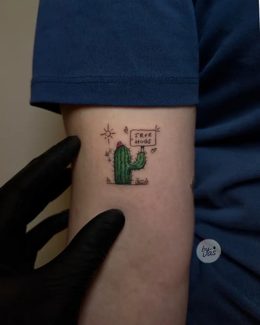 Small Fine Line Cactus with Sign Tattoo on Women Arm by @by_vas