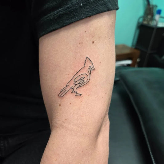 Small Fine Line Cardinal Tattoo on Women Arm by @_jose_g_p_