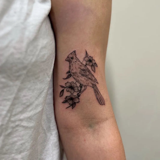 Small Fine Line Cardinal and Flowers Tattoo on Women Arm by @shamanmods