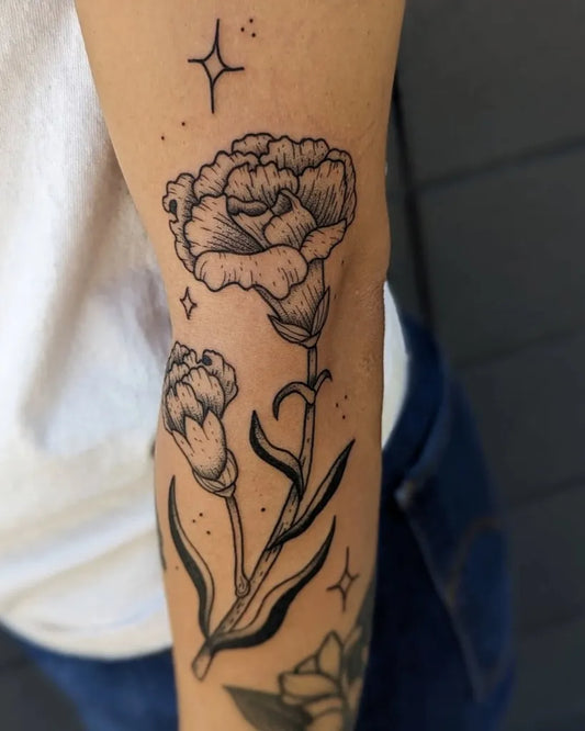Small Fine Line Carnations and Stars Tattoo on Women Elbow by @daniturkeysammie