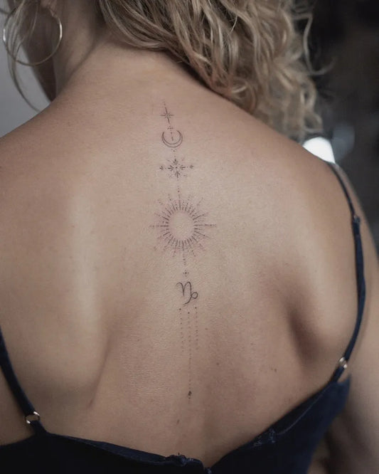Small Fine Line Celestial Symbols Virgo Sign on Women Upper Back Tattoo by @princelet_tattoo