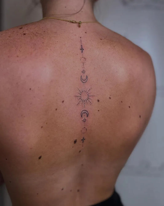 Small Fine Line Celestial Symbols on Women Back Tattoo by @the_shack184