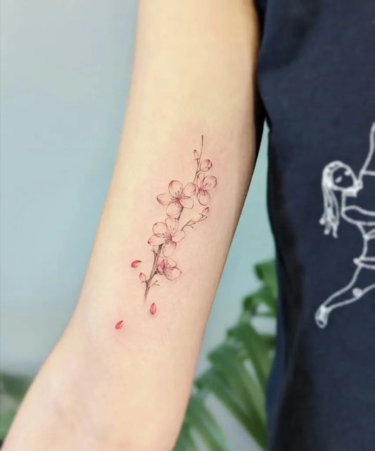 Small Fine Line Cherry Blossom Branch on Women Arm Tattoo by @baronart_kandi