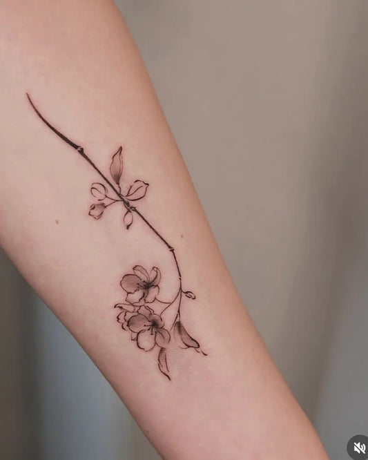 Small Fine Line Cherry Blossom Branch on Women Arm Tattoo by @by2ink