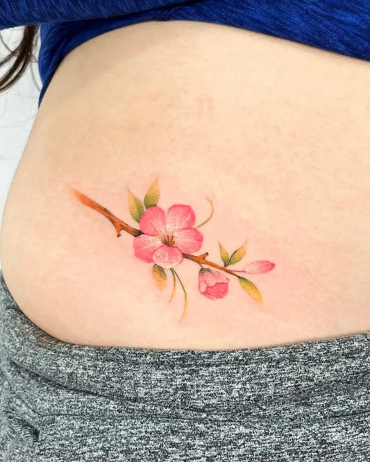 Small Fine Line Cherry Blossom Branch on Women Hip Tattoo by @soontattooart
