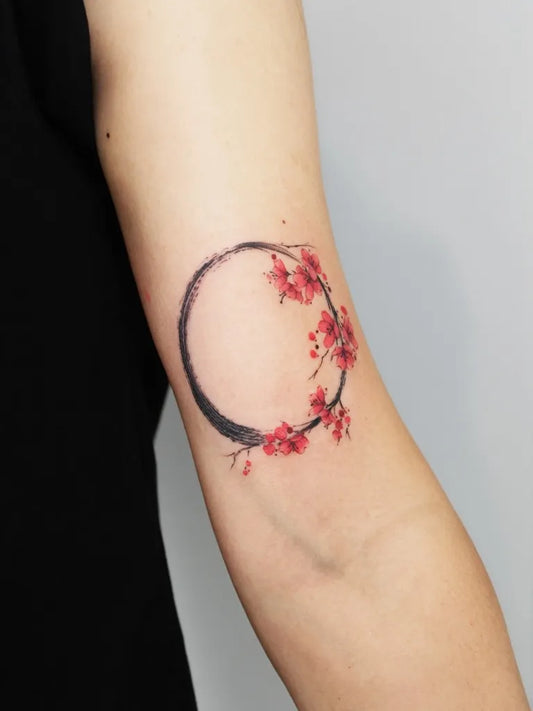 Small Fine Line Cherry Blossom Circle on Women Arm Tattoo by @llllwg22