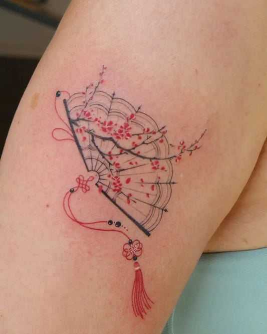 Small Fine Line Cherry Blossom Fan on Women Arm Tattoo by @cherryxzhao