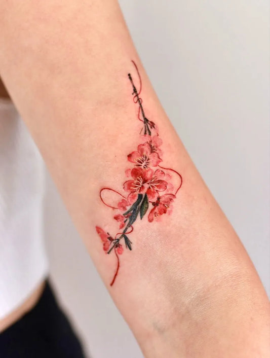 Small Fine Line Cherry Blossom on Women Arm Tattoo by @1sle_tattoo