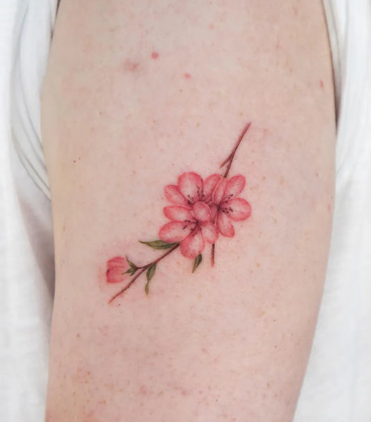 Small Fine Line Cherry Blossom on Women Arm Tattoo by @eontattoo